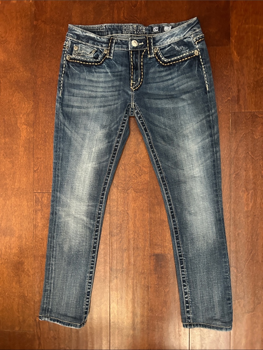 Miss Me Sunny Skinny Blue Jeans with Chunky Contrast Stitching, Size 28